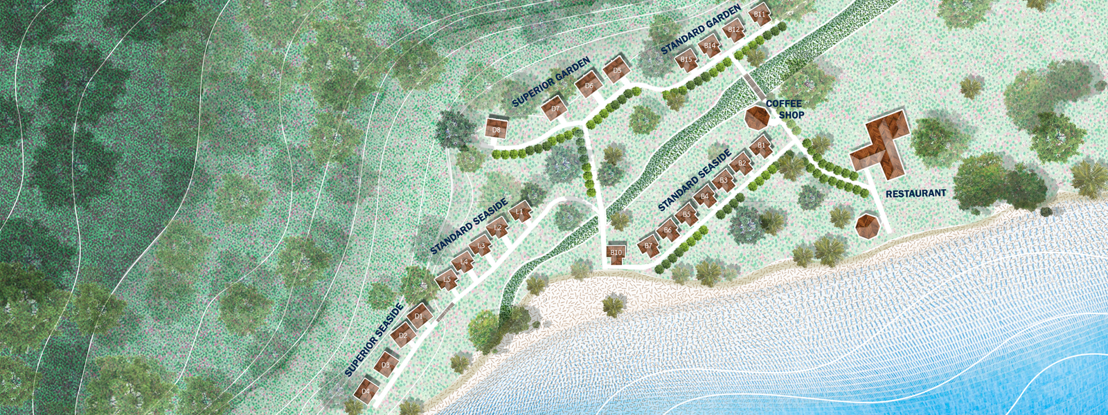 Master plan showing bungalow locations at Pansand Resort
